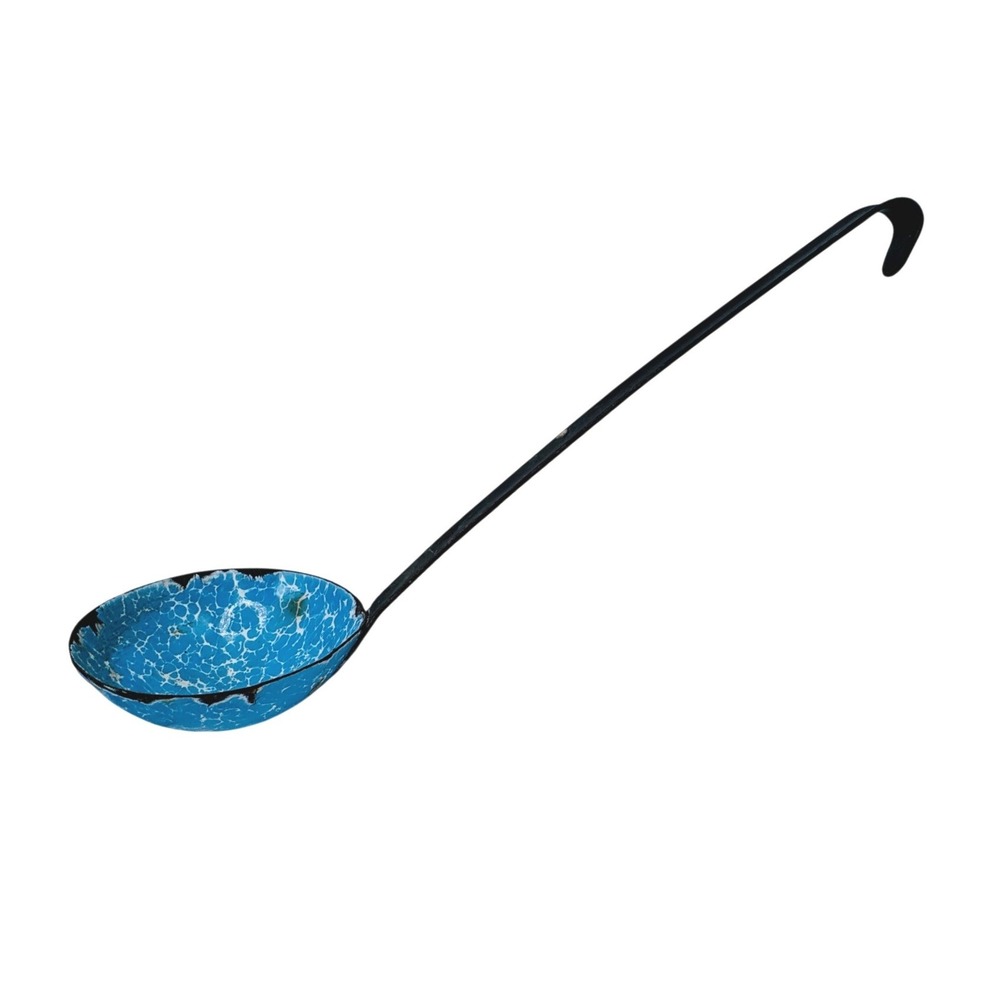 Vintage Blue Speckled Enamel Ladle Primitive Farmhouse Rustic Kitchen Decor
